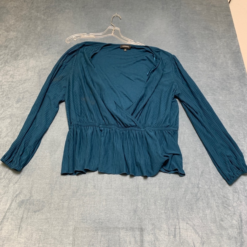 Calligraphie Blouse Top Womens 3X Teal‎ Green V Neck Elastic Waist Long Sleeve
